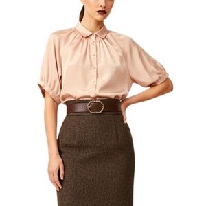 Vintage blush pink silky short puff sleeve smocked old money blouse S